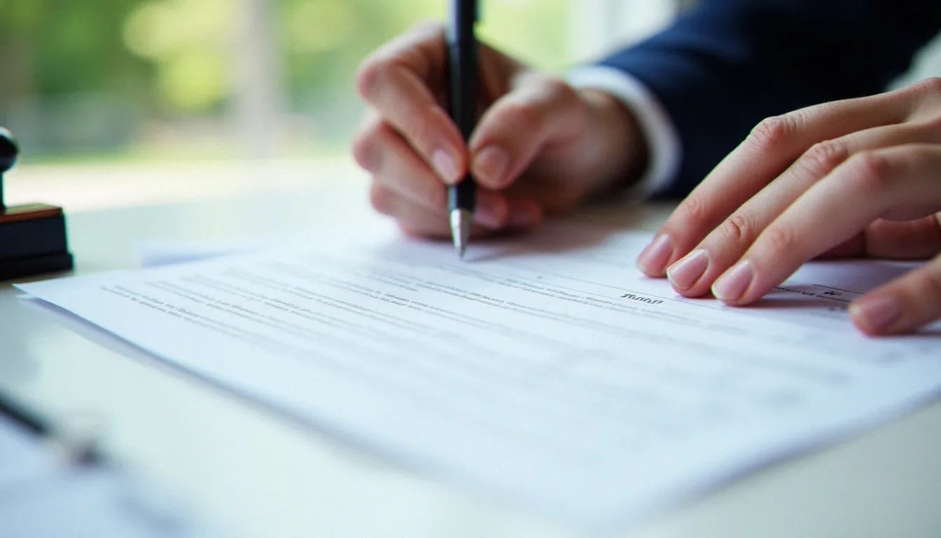 Mains remplissant un formulaire officiel de demande de carte professionnelle pour gestionnaire immobilier
