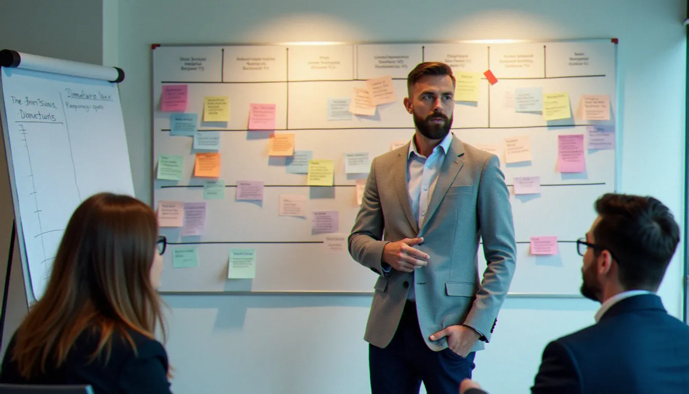 Chef de projet présentant les phases d'une gestion de crise structurée sur un tableau blanc en salle de réunion