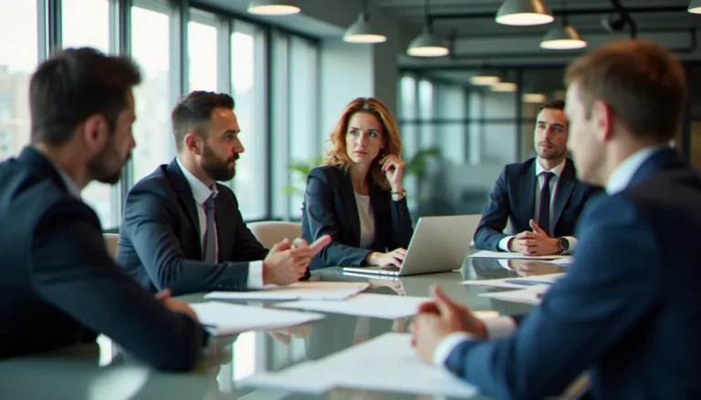 Réunion de cellule de crise en entreprise illustrant le guide gestion de crise avec des professionnels autour d'une table de travail