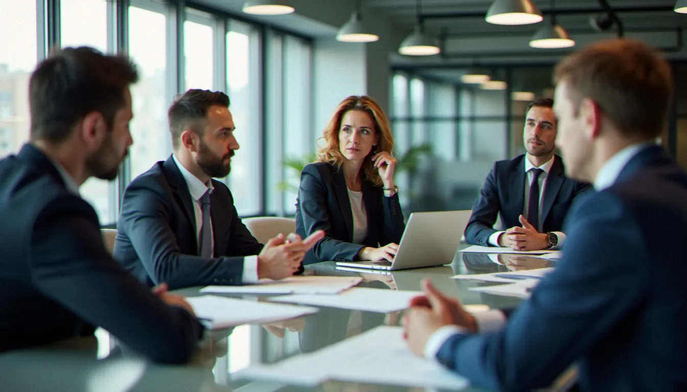 Réunion de cellule de crise en entreprise illustrant le guide gestion de crise avec des professionnels autour d'une table de travail