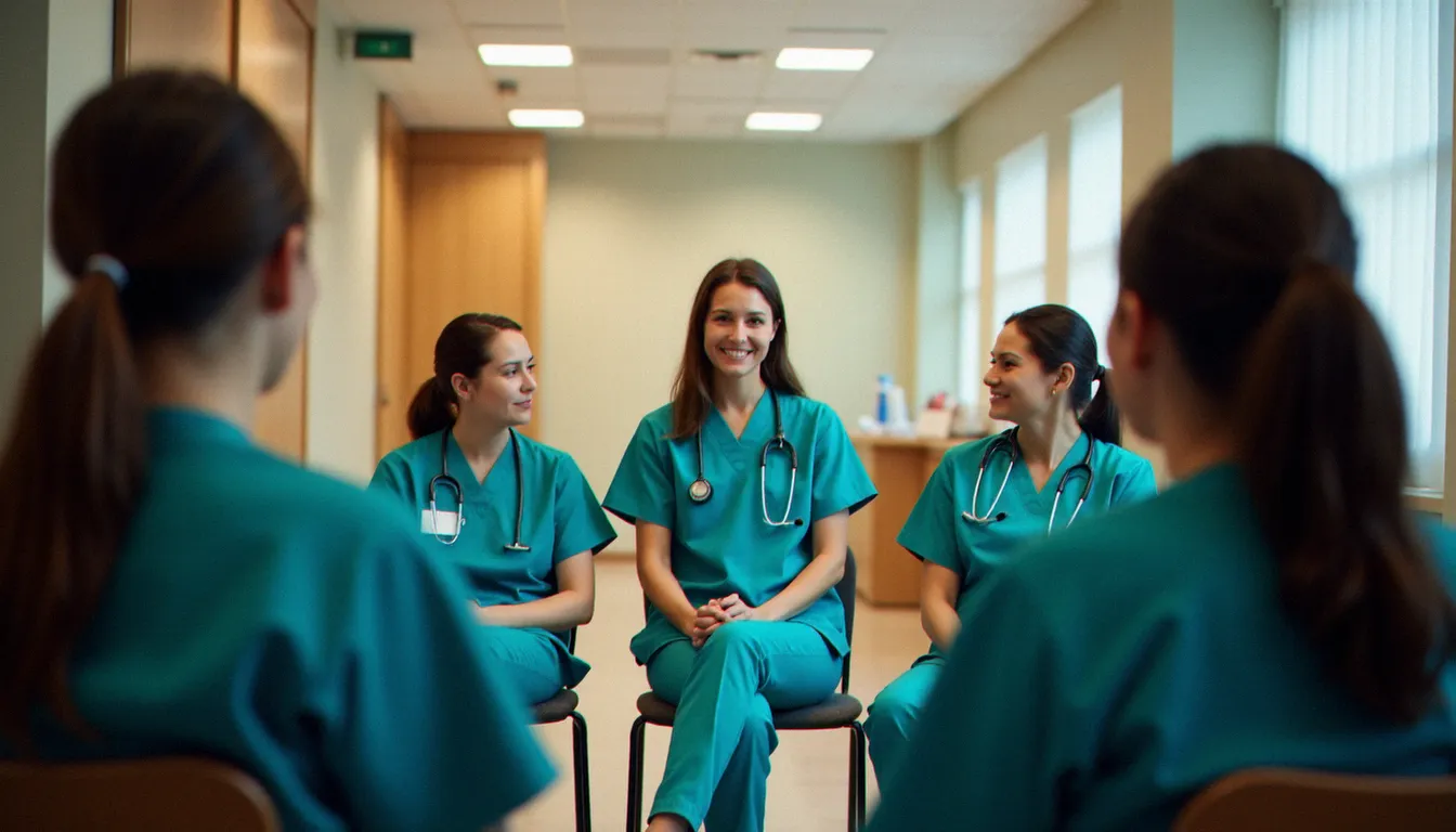 Séance de formation à la bientraitance en groupe restreint dans une salle de réunion d'un établissement de soins, professionnels en cercle en posture d'échange