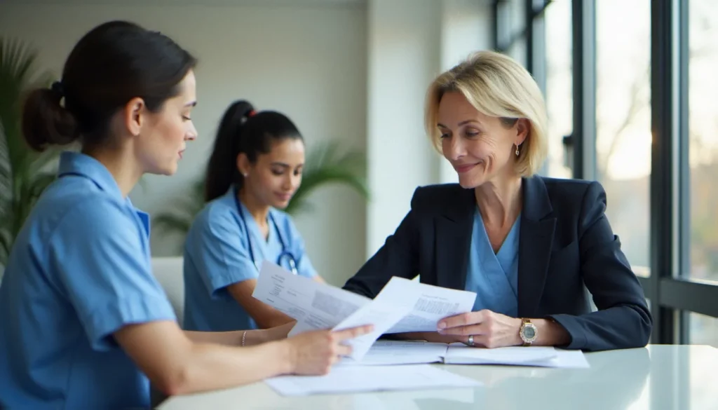 Responsable qualité en réunion d'équipe pour la gestion des risques de maltraitance en établissement médico-social, documents de suivi sur la table