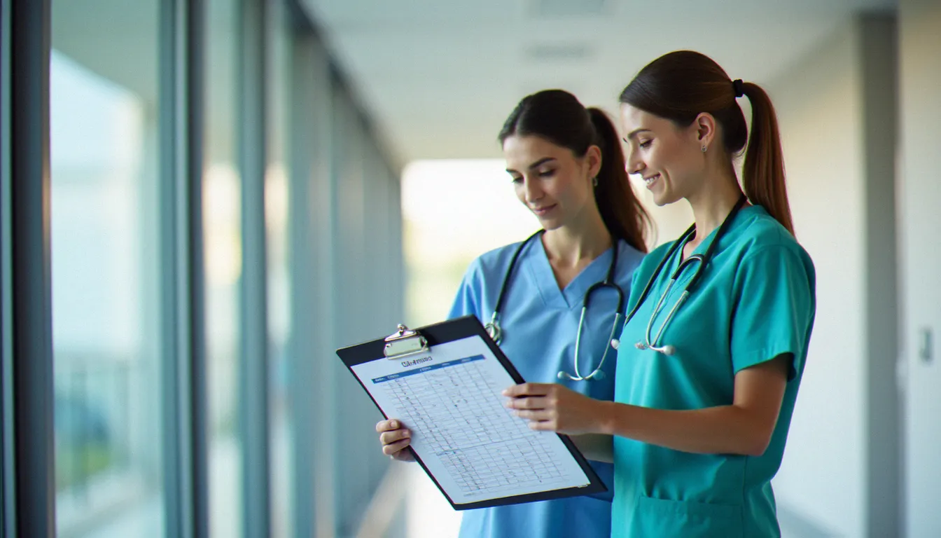 Cadre de santé et gestionnaire RH examinant ensemble un planning hebdomadaire dans un couloir de centre hospitalier