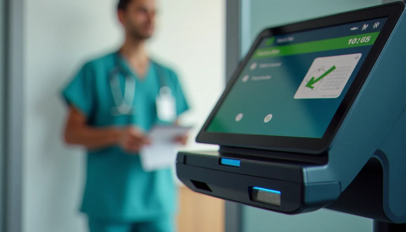 Borne de pointage numérique dans un centre hospitalier, utilisée pour le suivi du temps de travail du personnel soignant