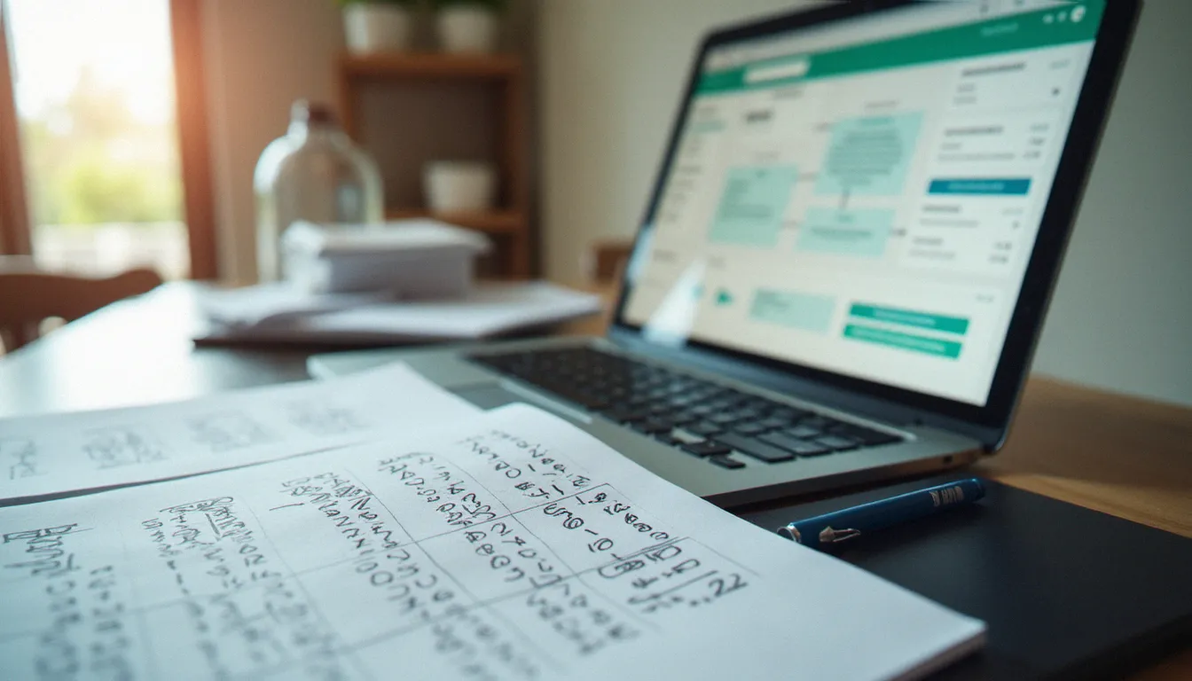 Comparaison entre une fiche recette papier corrigée manuellement et une interface numérique de gestion de recettes sur ordinateur portable