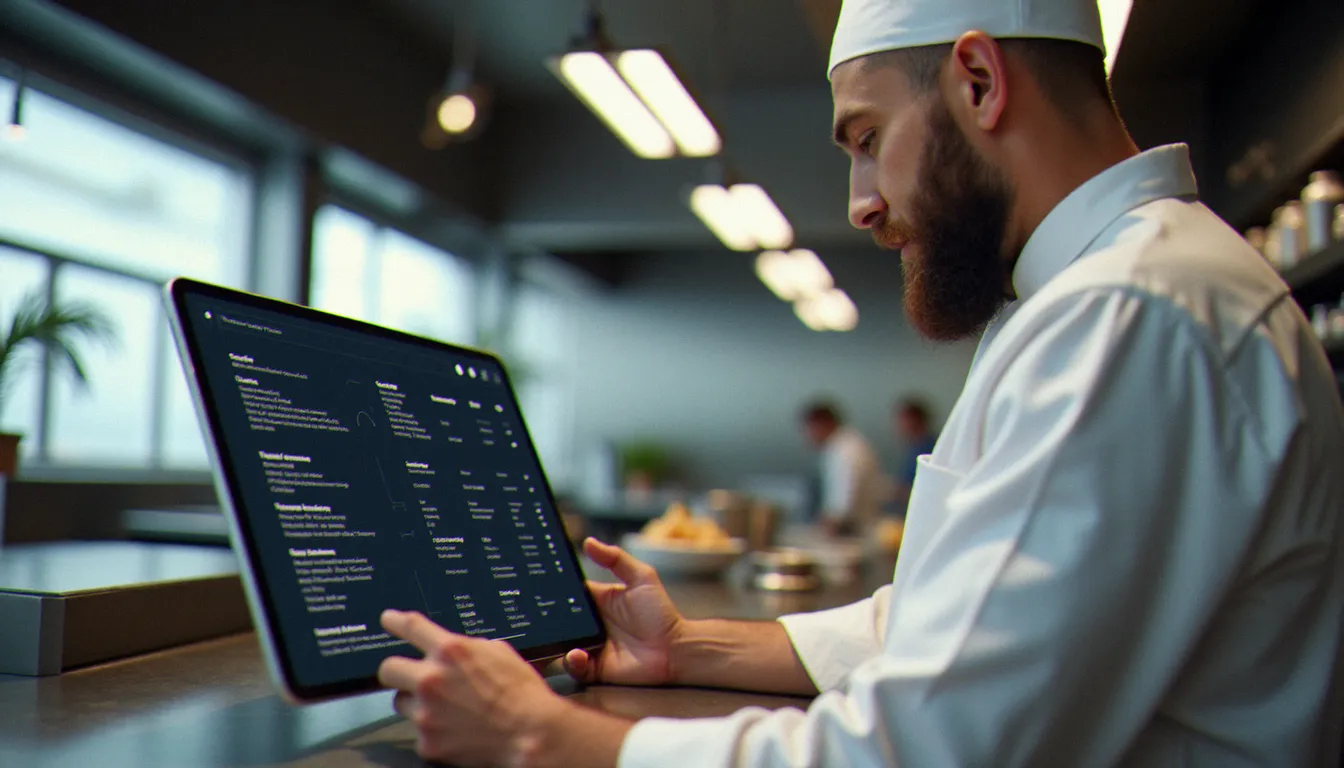 Chef consultant consultant une interface de logiciel gestion recettes de cuisine sur tablette dans une cuisine professionnelle moderne