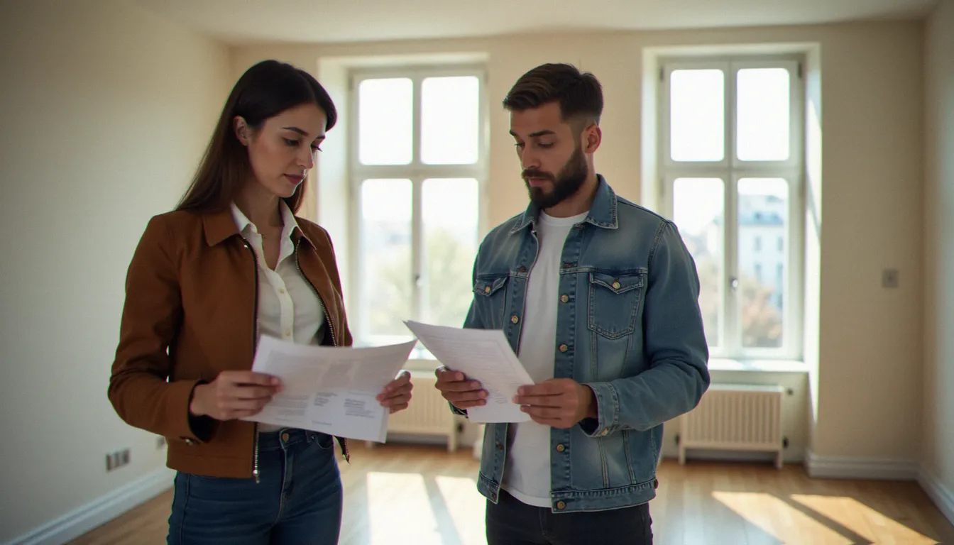Propriétaire et locataire réalisant un état des lieux dans un appartement vide en France, document de vérification en main