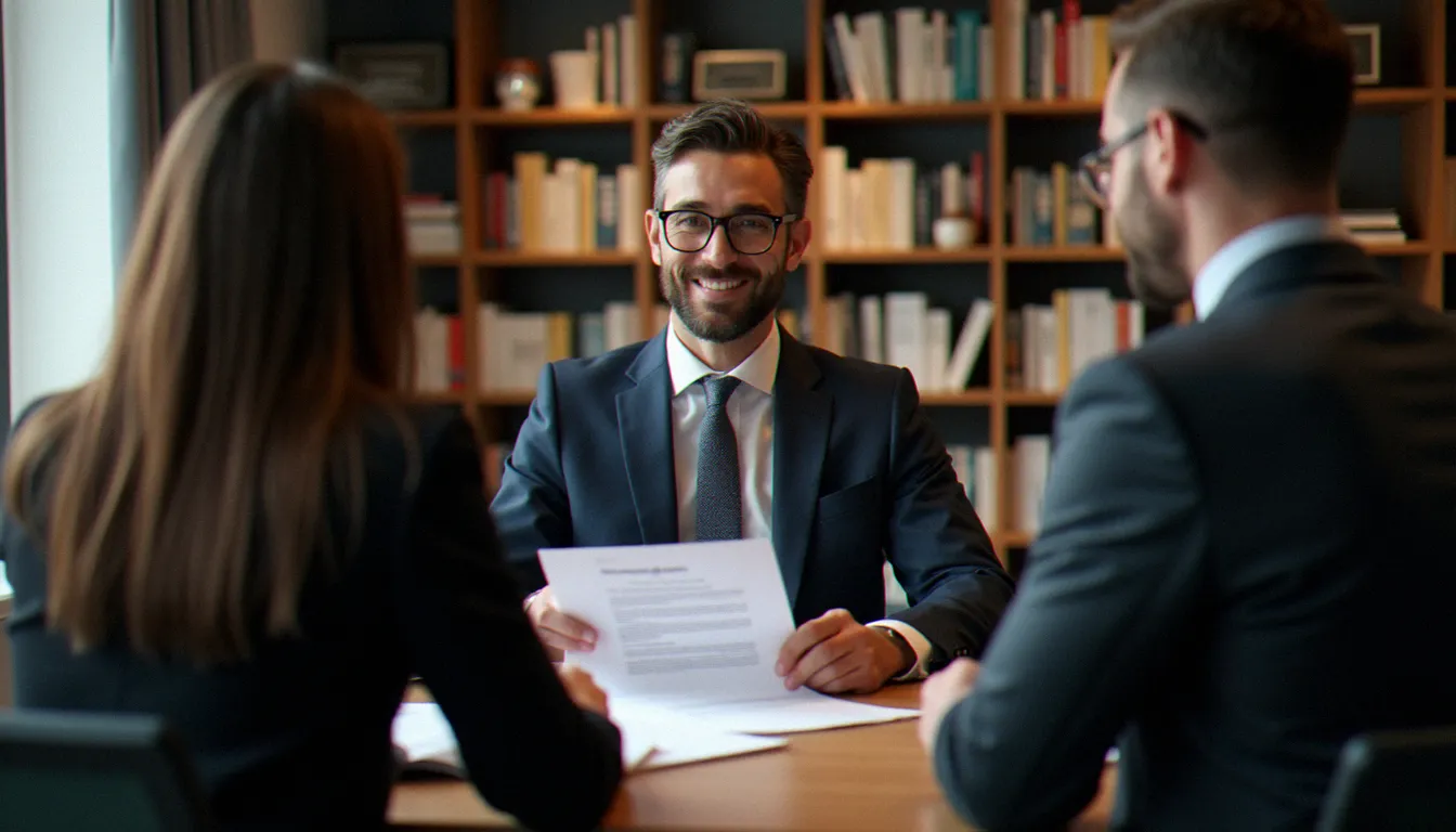 Professionnel de la gestion immobilière présentant un mandat de gestion locative à un propriétaire dans une agence immobilière française