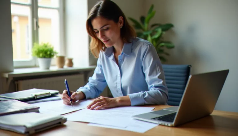 Gestionnaire immobilier en France consultant des documents de gestion locative sur un bureau bien organisé, illustrant la france gestion immobilier au quotidien