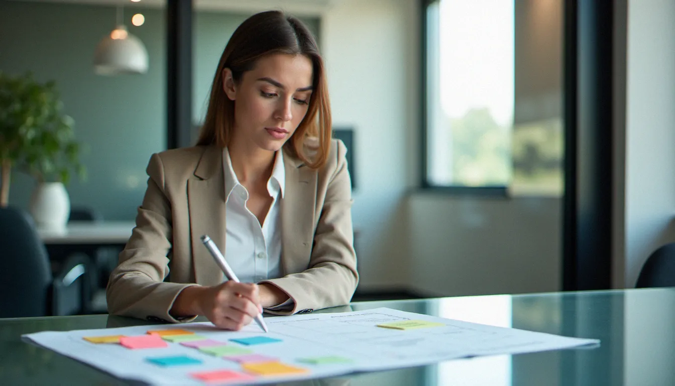 Professionnelle analysant un diagramme de flux de travail pour identifier les sources de friction dans son organisation
