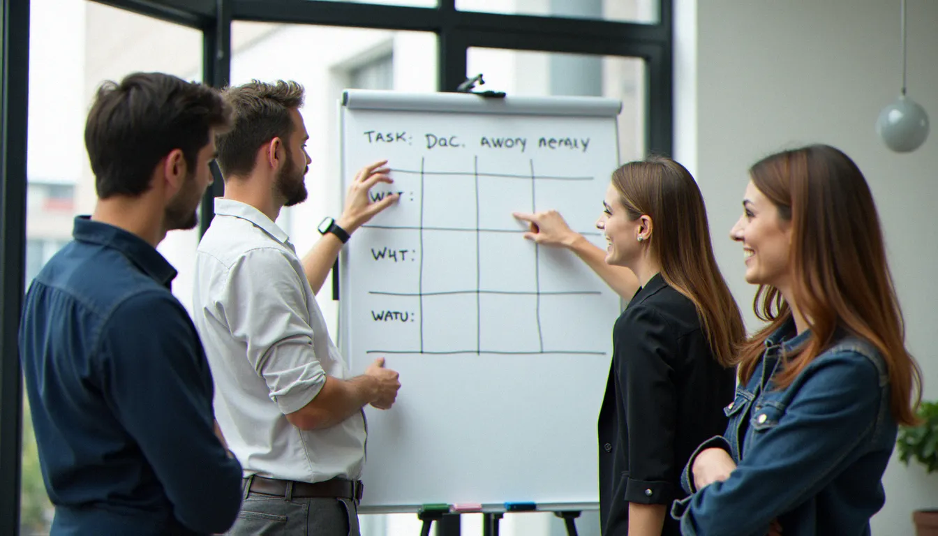Équipe réalisant une revue hebdomadaire structurée devant un tableau de planification, exemple concret de gestion sans stress collective