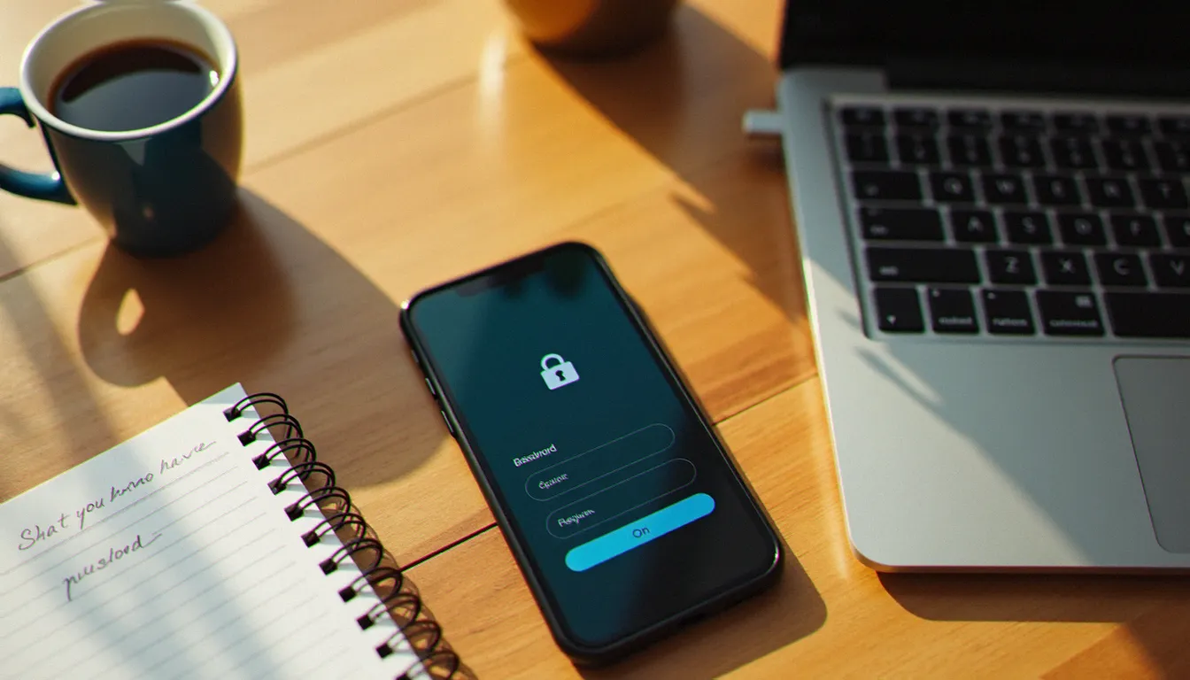 Bureau avec smartphone affichant une interface de connexion sécurisée et un carnet de notes, illustrant la gestion des mots de passe au quotidien