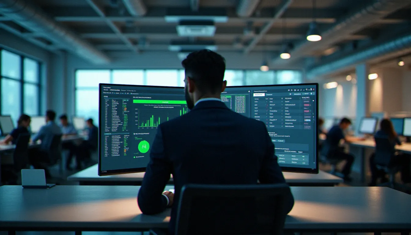 Professionnel consultant un tableau de bord de sécurité numérique dans un bureau moderne, illustrant la gestion des accès en entreprise