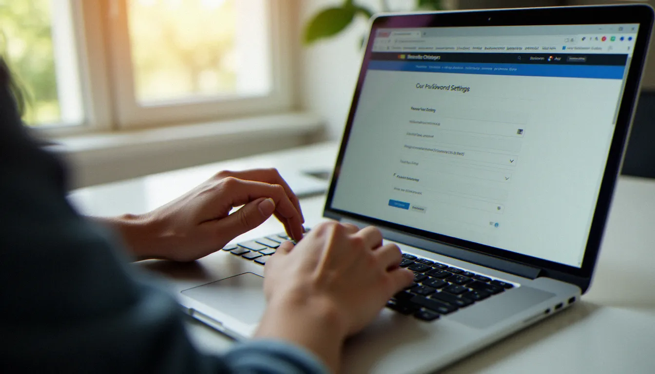 Mains tapant sur un clavier d'ordinateur portable avec le gestionnaire de mot de passe Google Chrome ouvert dans le navigateur