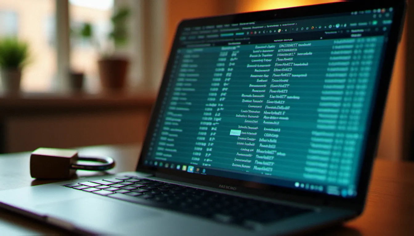 Un tableur ouvert affichant des identifiants non protégés à côté d'un cadenas posé sur un bureau, symbolisant les risques d'un stockage non chiffré des mots de passe
