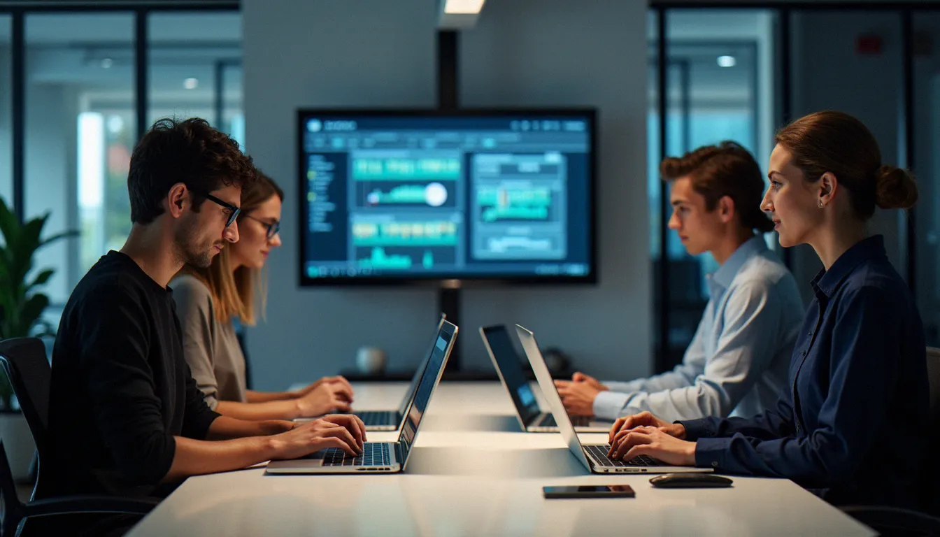 Une équipe de professionnels utilisant un gestionnaire mot de passe partagé en environnement de travail collaboratif, avec chaque membre accédant à son propre appareil synchronisé