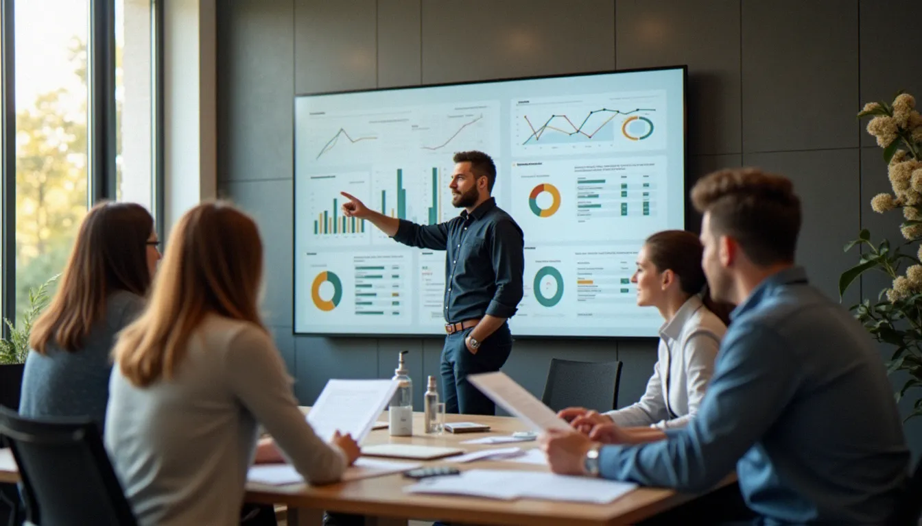 Consultant présentant une meilleure gestion pilotée via des indicateurs clés sur écran mural à une équipe en réunion