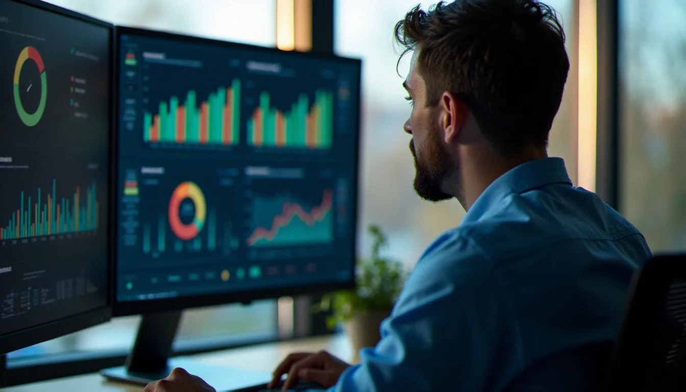 Responsable évaluant des indicateurs de performance d'un mandataire sur écran, dans le cadre du suivi d'une gestion sous mandat efficace