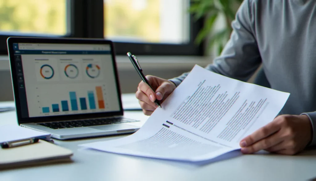 Consultant en gestion examinant un contrat de mandat dans un bureau professionnel, illustration de la meilleure gestion sous mandat