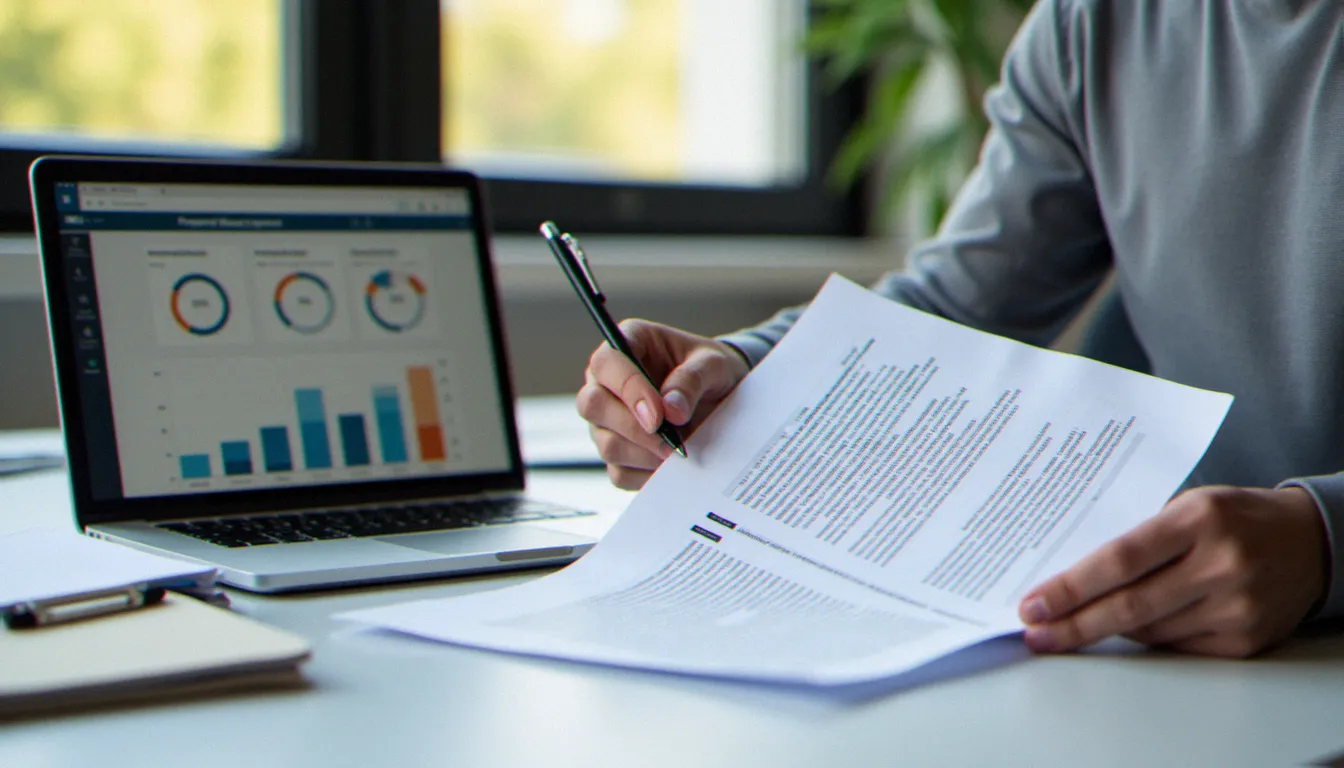 Consultant en gestion examinant un contrat de mandat dans un bureau professionnel, illustration de la meilleure gestion sous mandat