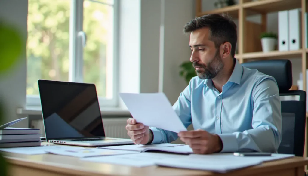 Consultant en gestion examinant des documents de process organisés sur un bureau, illustrant ce que le mot gestion peut apporter à une structure