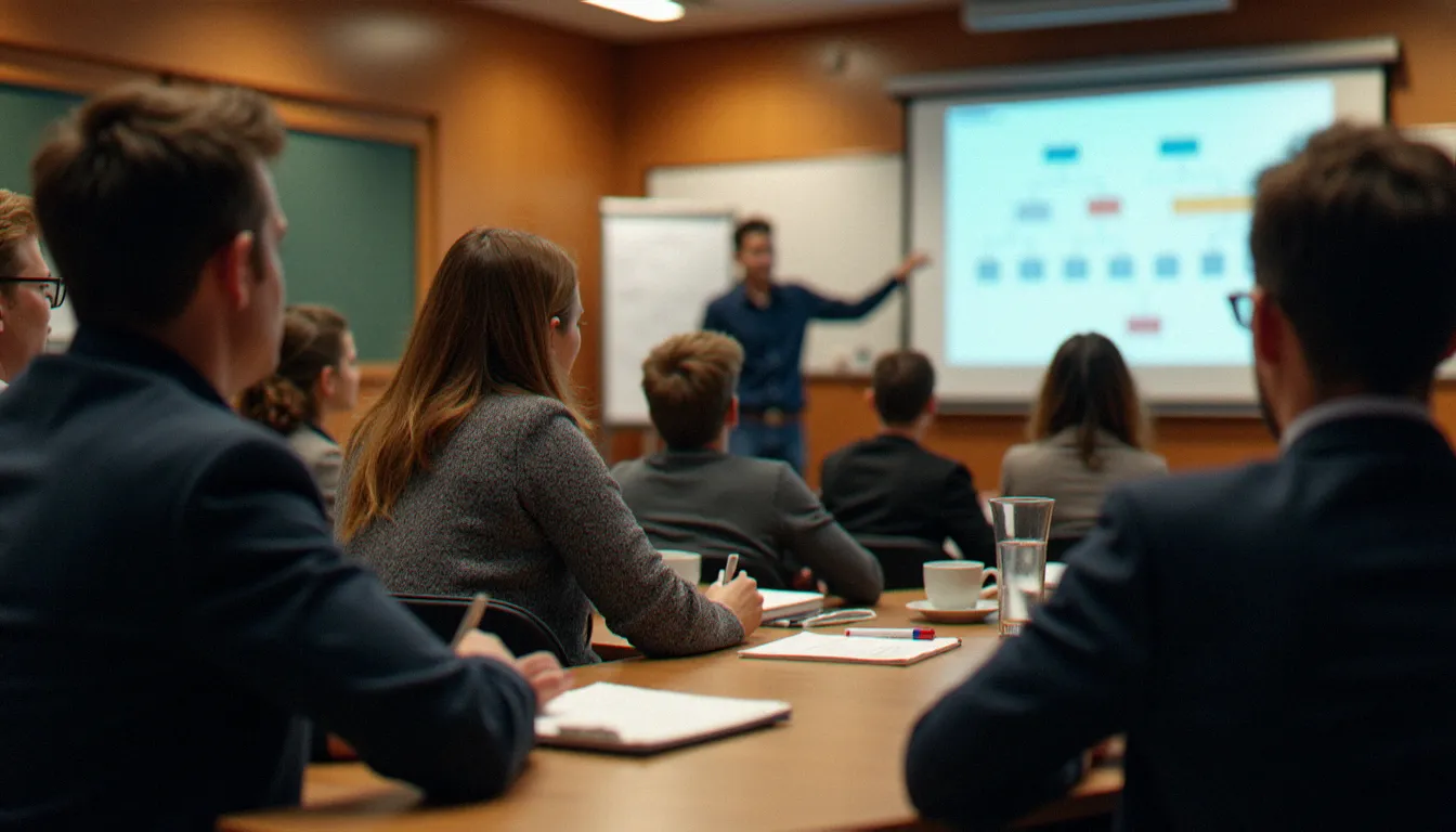 Cours de sciences de gestion dans une salle universitaire avec étudiants prenant des notes face à un tableau d'organisation