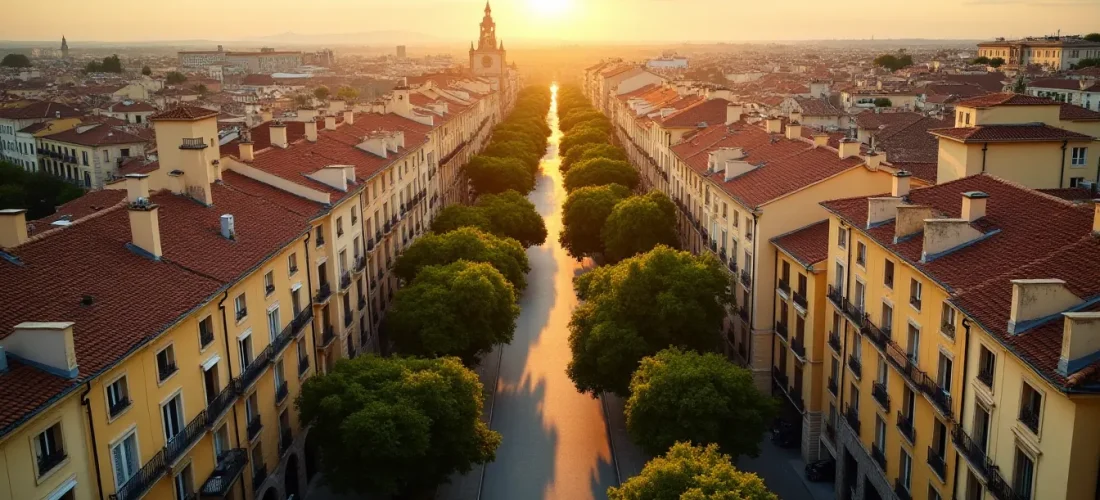 Vue aérienne du centre historique d'Aix-en-Provence avec ses immeubles en copropriété à toits de tuiles et le Cours Mirabeau sous une lumière méditerranéenne dorée