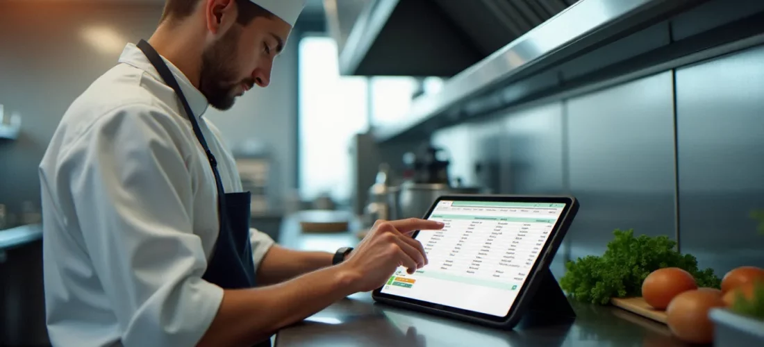 Chef consultant consultant une application gestion recette cuisine sur tablette dans une cuisine professionnelle moderne