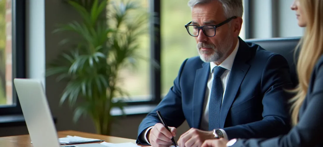 Consultant en gestion patrimoniale analysant des documents de