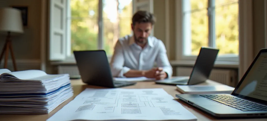 Consultant en gestion organisant des documents et diagrammes