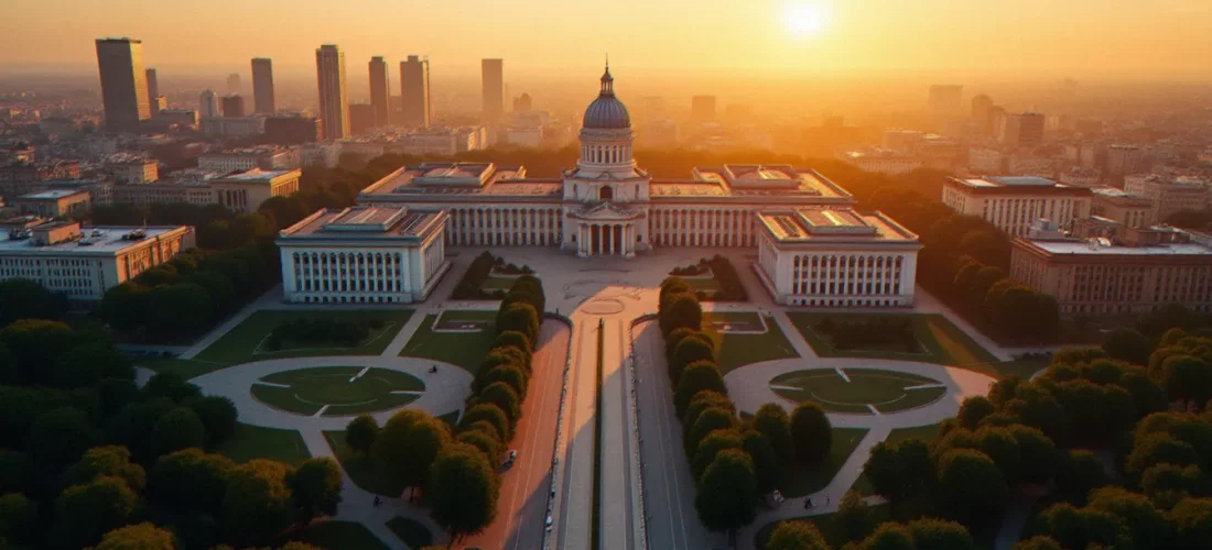 Vue aérienne de Bucarest au coucher du soleil
