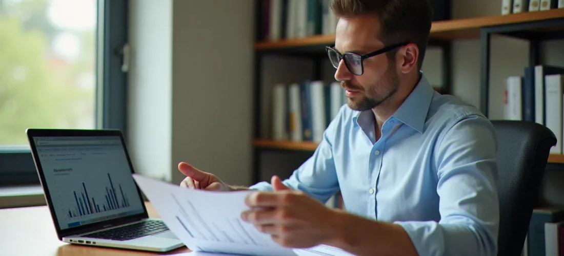 Consultant analysant un budget prévisionnel d'entreprise sur ordinateur