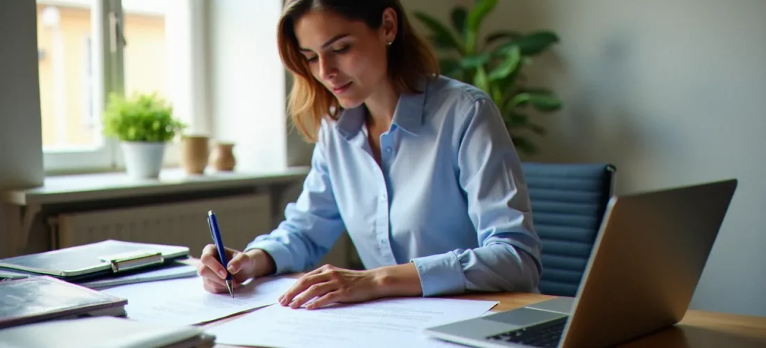 Gestionnaire immobilier en France consultant des documents de gestion locative sur un bureau bien organisé, illustrant la france gestion immobilier au quotidien