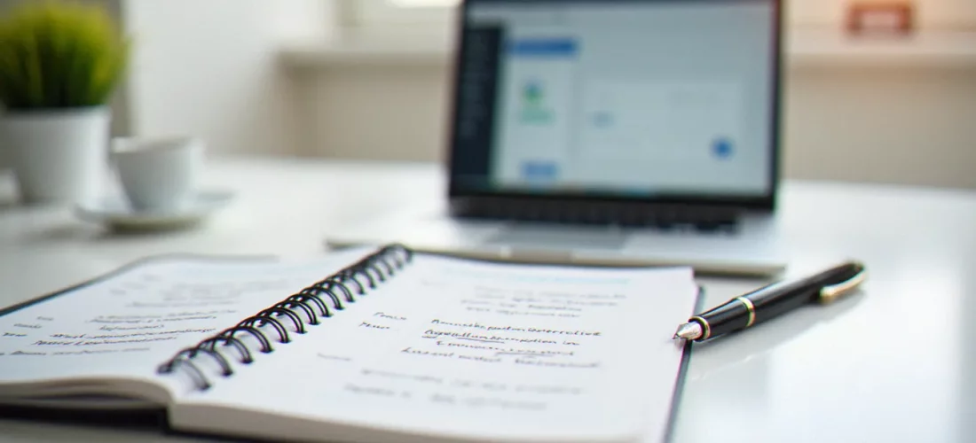 Bureau professionnel avec carnet de vocabulaire administratif français ouvert et stylo, illustrant la rigueur orthographique dans la gestion avec ou sans accent des documents d'entreprise