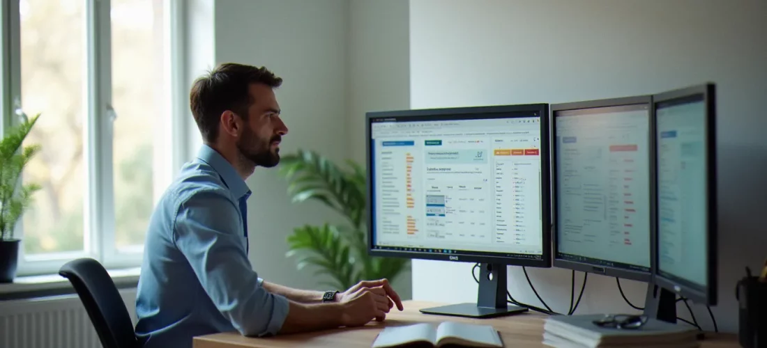 Consultant en gestion analysant des données avec ou sans accent sur écran d'ordinateur dans un bureau professionnel épuré à Montpellier