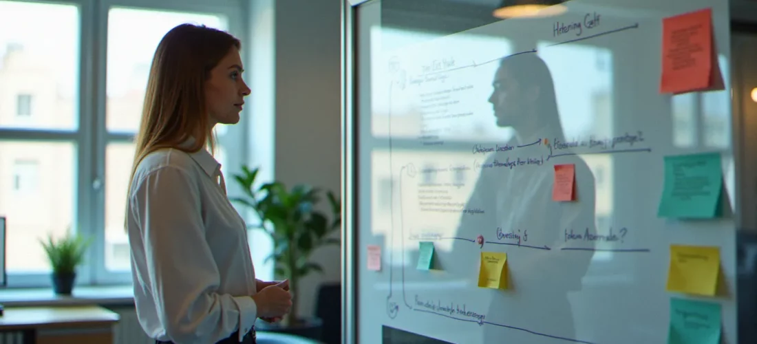 Chef de projet devant un tableau blanc avec un planning de gestion de projet structuré et des fiches de tâches colorées dans un bureau moderne