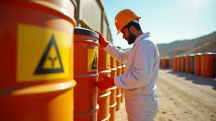 Zone de stockage de déchets dangereux dans une installation industrielle en Tunisie, avec des fûts étiquetés et un technicien en équipement de protection individuelle, illustrant la gestion des déchets dangereux en Tunisie