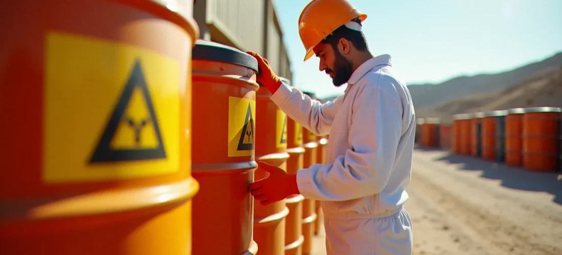 Zone de stockage de déchets dangereux dans une installation industrielle en Tunisie, avec des fûts étiquetés et un technicien en équipement de protection individuelle, illustrant la gestion des déchets dangereux en Tunisie
