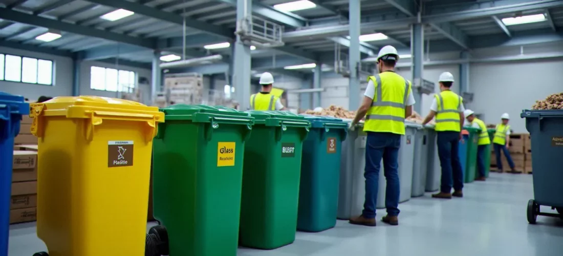 Zone de tri des déchets en entreprise avec bacs codifiés par couleur pour une gestion des déchets organisée