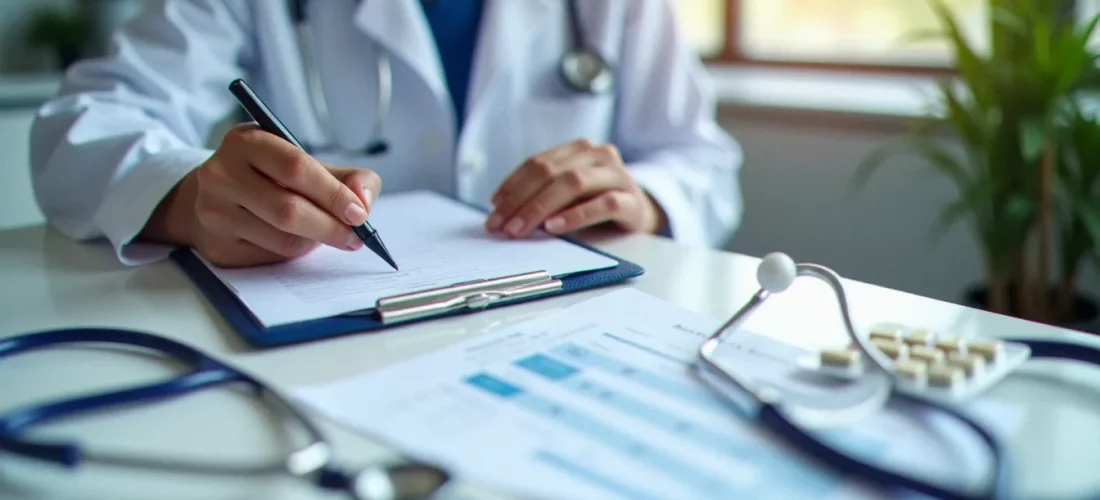 Professionnel de santé consultant un formulaire de gestion des effets indésirables médicamenteux sur un bureau hospitalier