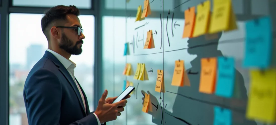 Consultant cartographiant les dépendances organisationnelles sur un tableau de post-its dans le cadre d'une gestion des effets secondaires de projet