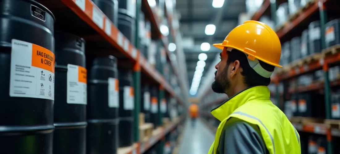 Responsable logistique inspectant des fûts de marchandises dangereuses étiquetés selon la réglementation ADR dans un entrepôt industriel