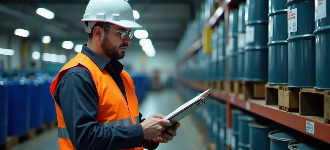 Responsable sécurité effectuant un audit de gestion des matières dangereuses dans un local de stockage industriel avec des fûts chimiques étiquetés