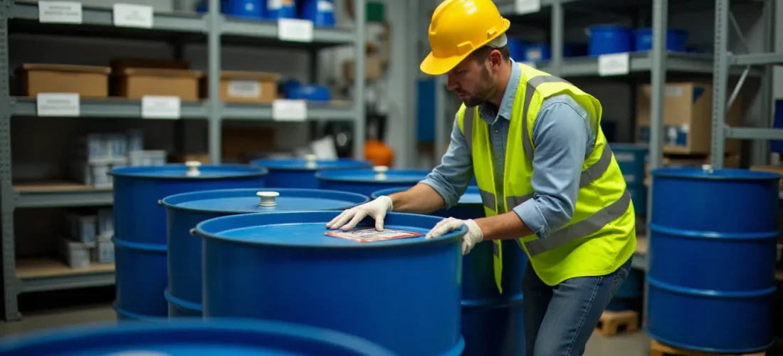 Responsable sécurité étiquetant un fût de matières dangereuses résiduelles dans une zone de stockage industrielle organisée et conforme