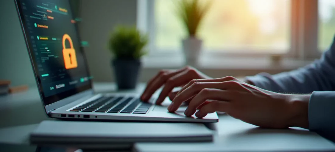 Mains d'un consultant tapant sur un clavier d'ordinateur portable dans un bureau épuré, illustrant la gestion des mots de passe en milieu professionnel