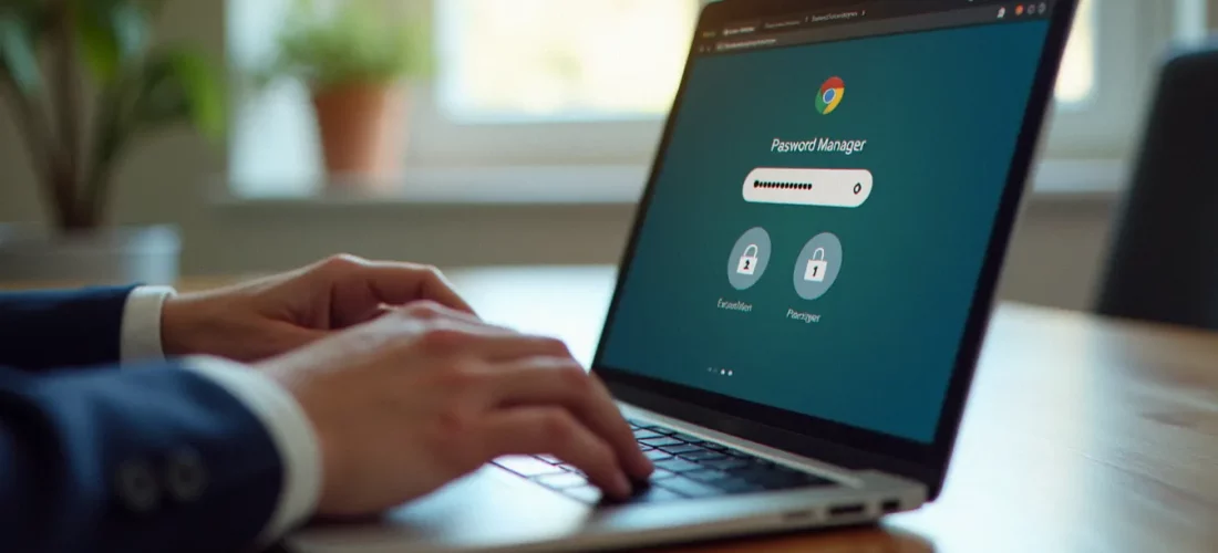 Personne utilisant le gestionnaire de mots de passe Google sur Chrome pour sécuriser ses accès en ligne