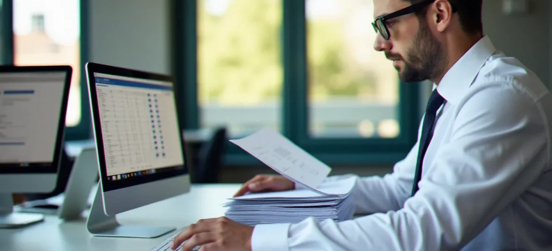 Responsable financier d'une collectivité territoriale examinant des documents officiels liés à la gestion des recettes publiques dans un bureau administratif moderne et lumineux