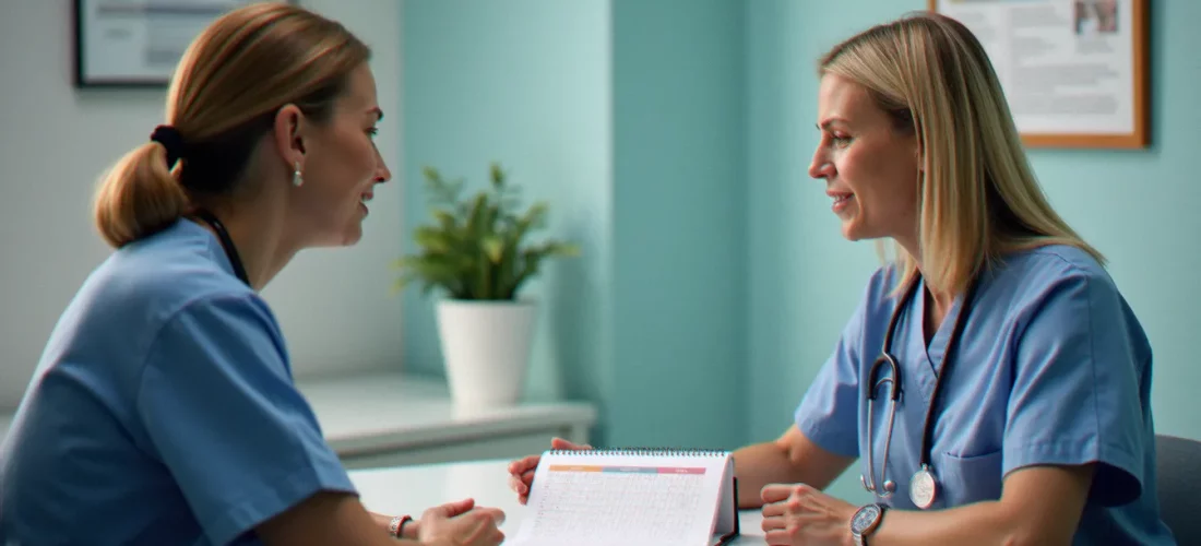 Infirmière coordinatrice en oncologie présentant un carnet de suivi des effets secondaires de l'immunothérapie à un patient lors d'une consultation structurée