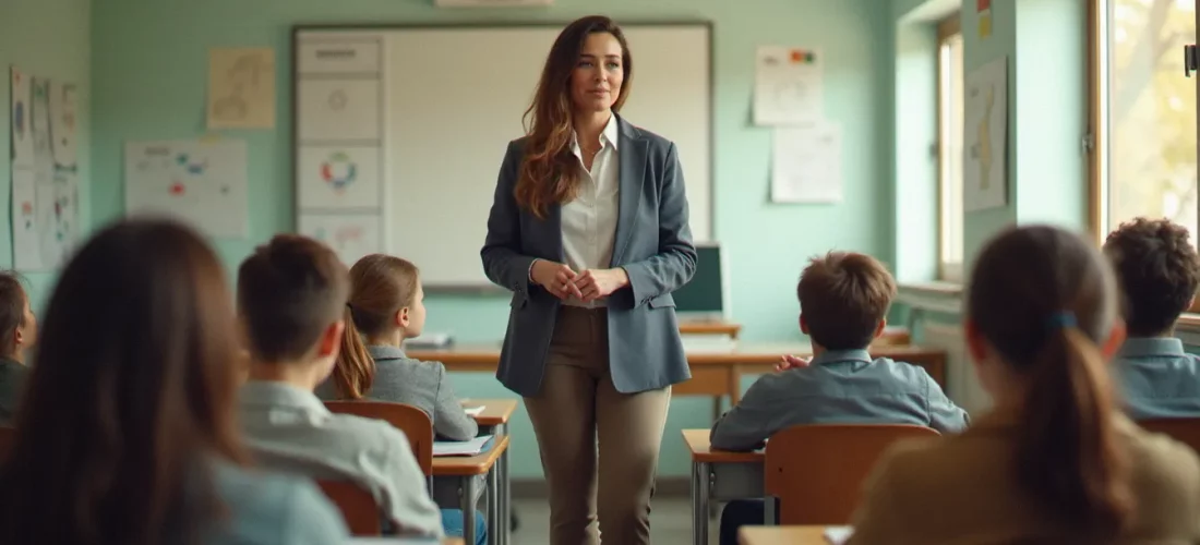 Un enseignant debout face à une classe bien organisée, illustrant la gestion efficace de la classe avec des élèves attentifs et un affichage structuré au tableau