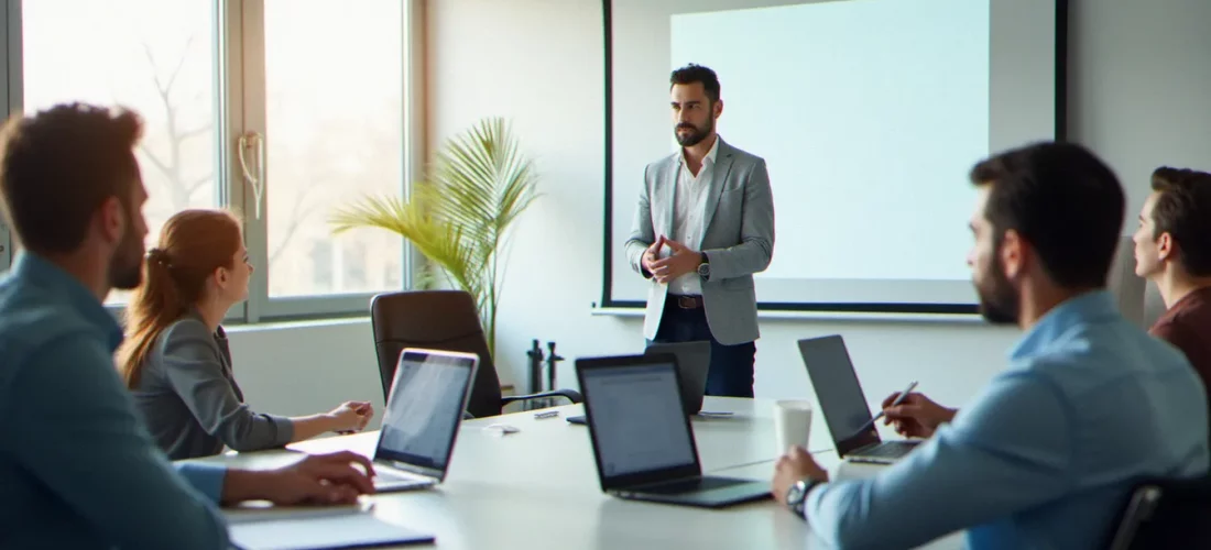 Formateur professionnel en position d'autorité face à un groupe de participants adultes bien organisés dans une salle de formation moderne, illustrant la gestion efficace de la classe en contexte professionnel